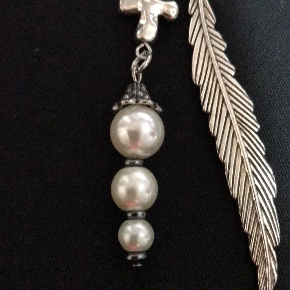 Metal Feather Hook Bookmark w/Metal Cross Bead & 3 White Glass Beads w/Bead Cap